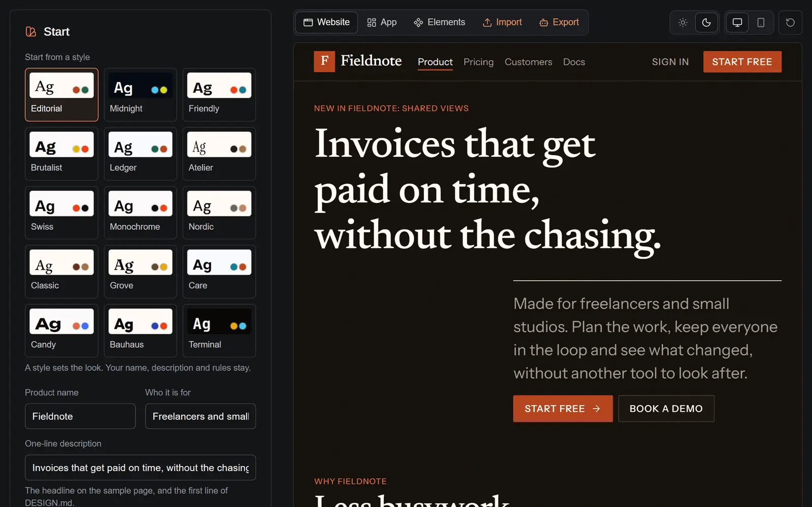 The design system builder, with colour, type and shape settings beside a live preview of a sample website in the chosen style.