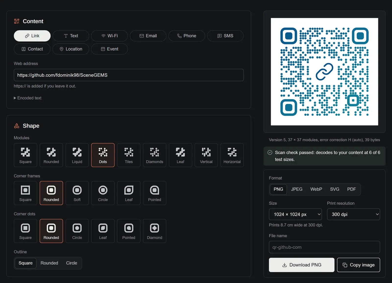 The QR code generator, with the content form and shape pickers beside a live preview and the download options.