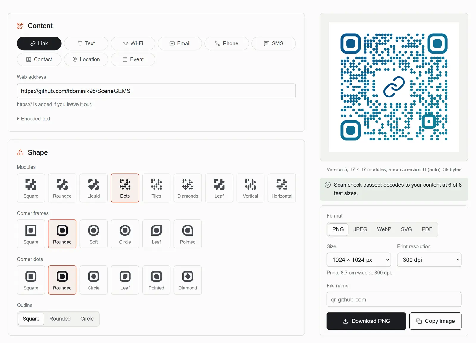 The QR code generator, with the content form and shape pickers beside a live preview and the download options.