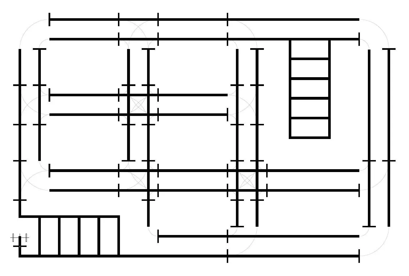 Line drawing of the track: a grid of parallel thick lane lines with short perpendicular end marks, thin arcs joining lanes at the corners and intersections, and two ladder-shaped parking areas